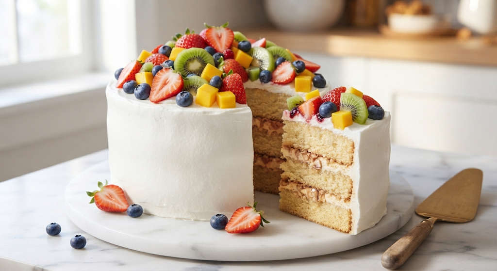 Fresh Fruit Cake topped with seasonal fruits